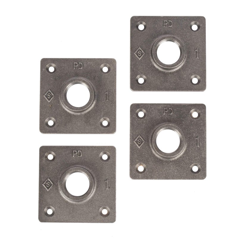 PIPE DECOR 1" Square Floor Flange Fitting, 4-Pack, Malleable Iron, Fits One Inch Diameter Black Steel Plumbing Pipes and Nipples, Build Vintage DIY Pipe Industrial Furniture and Shelving - Image 1